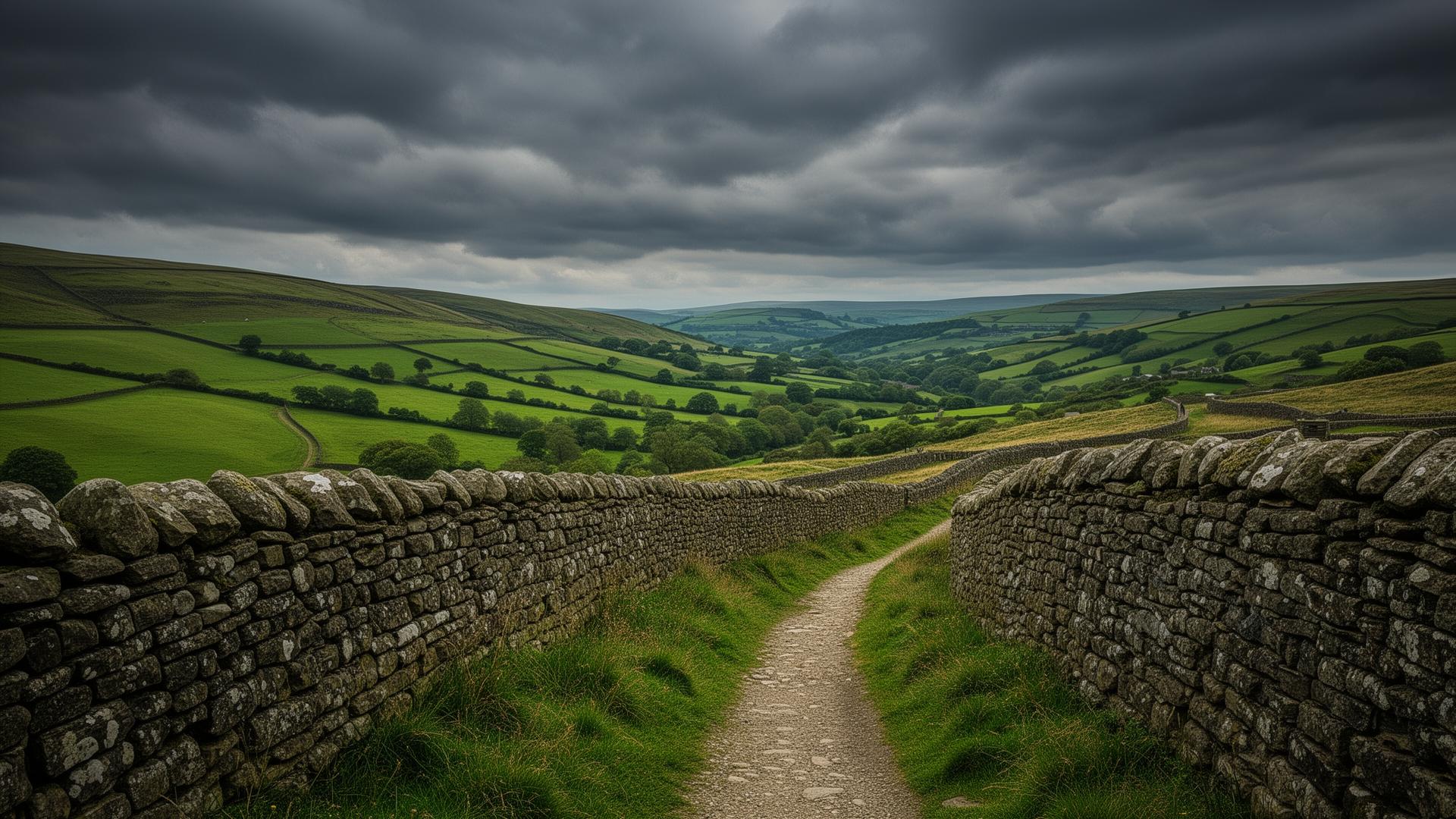 West Yorkshire countryside path between stone walls