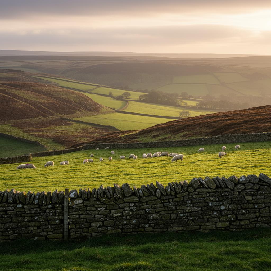Yorkshire moorland with dry stone walls and grazing sheep